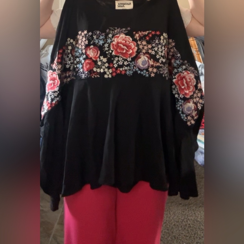 Black Floral Embroidered Peplum Top